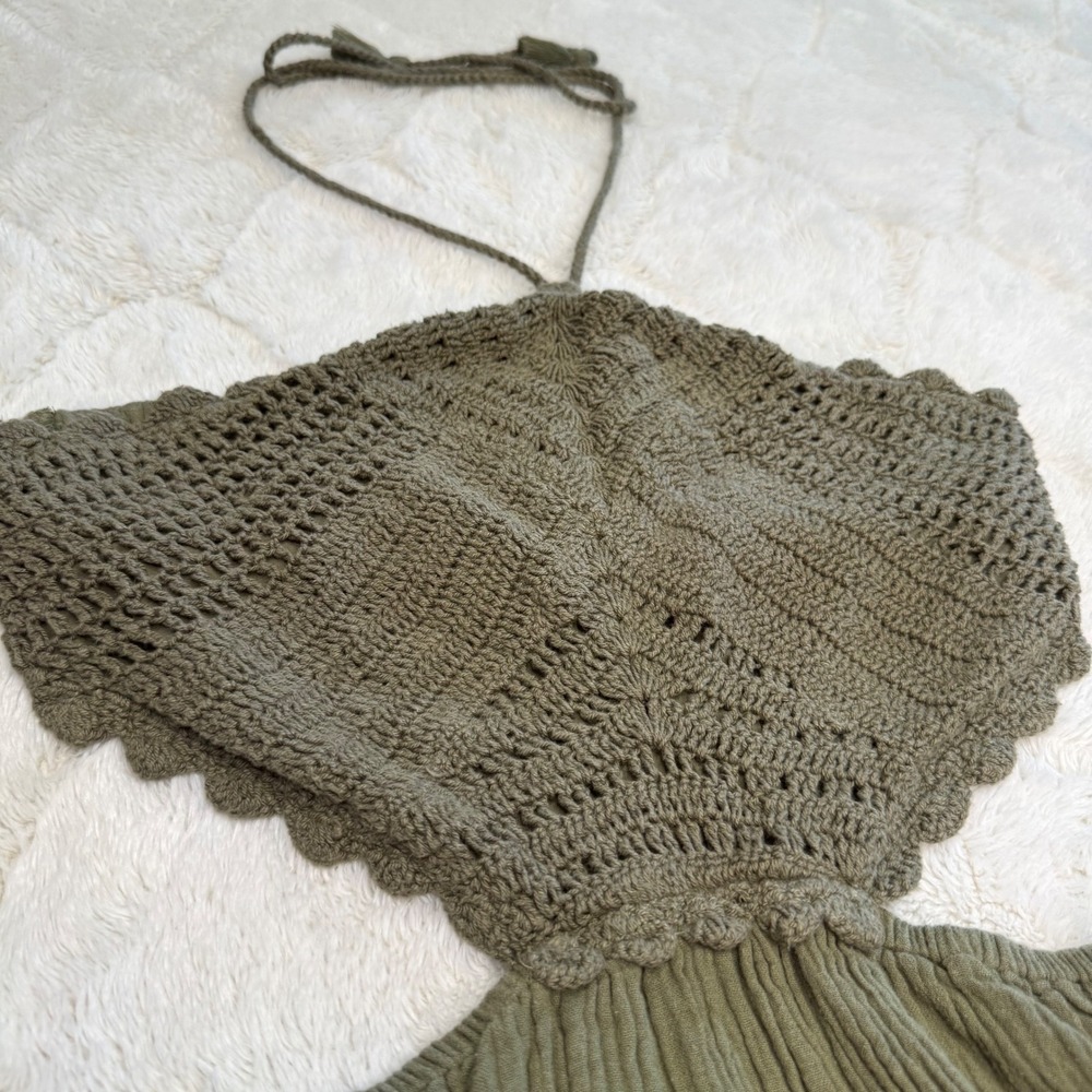 Aerie Olive Green Crochet Halter Cutout Mini Dress Boho Festival Coquette Fairy